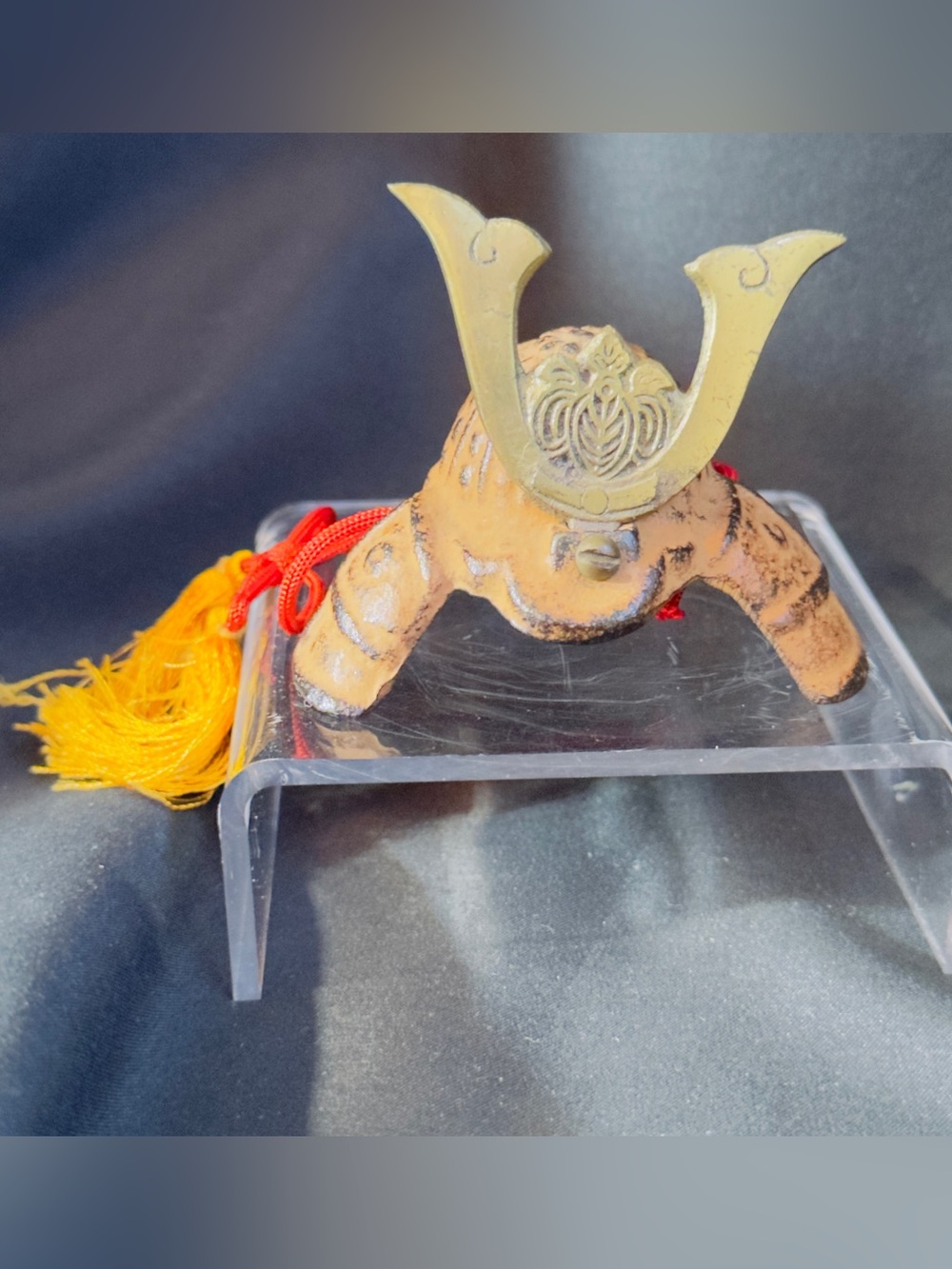 Mini Samurai Kabuto Helmet Ornament in Gold and Tan with Red Tassel